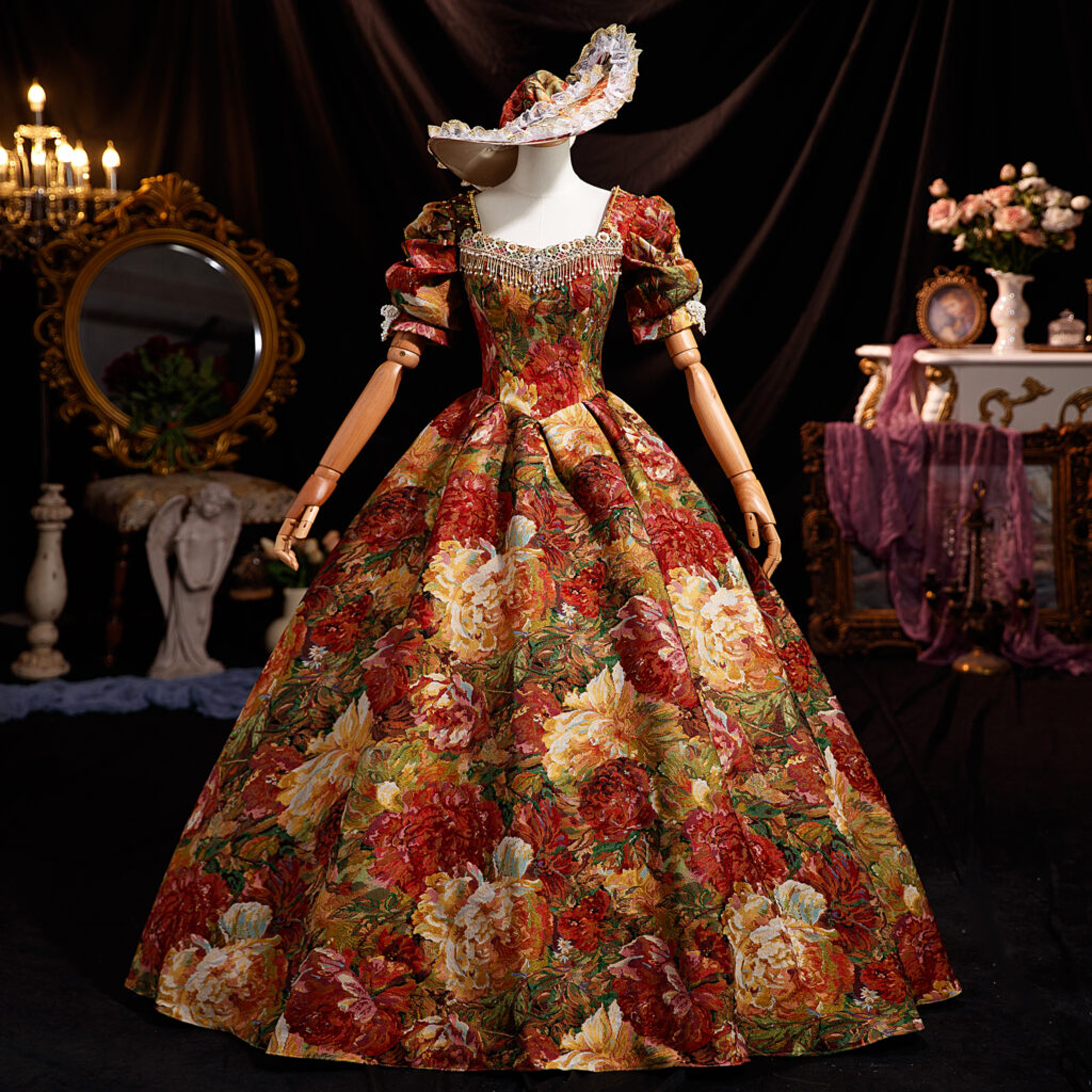 This was an absolute perfect fit beautifully hand created it really looks very authentic and it was nicely wrapped and delivered within a day or two this is going to not only be perfect for my Halloween party but it’ll be perfect when I actually physically go to Versailles in France to the big ball room that’s going on there in June of next year it’s really going to be a winner. Also alongside of it I got the hoop and I got the double paned here as well which you definitely need to make the shape of the dress along with the Marie Antoinette wig. It makes me feel so ladylike just putting it on and the sleeves are really pretty believe it or not it just accentuates the dress even more and the colors are really rich. Don’t forget to dry clean this only